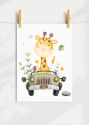 Plakat przedstawia żyrafę jadacą samochodm terenowym.