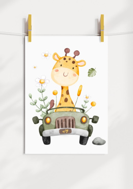 Plakat przedstawia żyrafę jadacą samochodm terenowym.