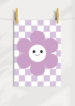 Plakat przedstawia fioletowąuśmiechnieta stokrotkę na tle z szachownicy fioletowo-białej.