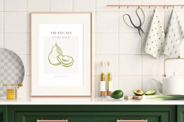 Plakat przedstawia dwa przytulone owoce avocado.  z napisem  Let's avocuddle